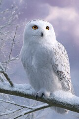 Majestic Snow-Covered Owl Perched on a Frosty Tree Branch in Winter Wonderland