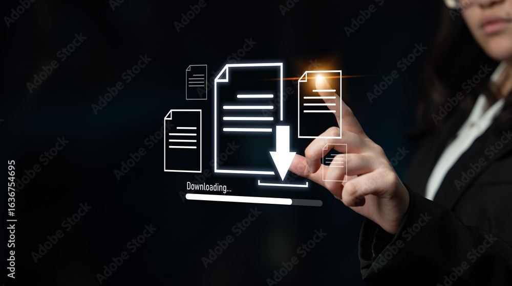Poster Visual representation of digital document downloading, showing file transfer, data access, and progress status for secure and efficient information retrieval Latch