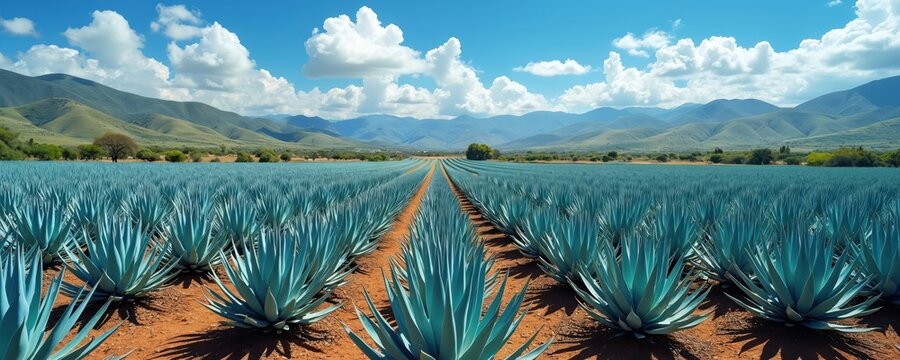 Vast field of blue agave plants under bright, cloudy sky. Rows of succulent vegetation stretch towards distant mountains. Arid landscape nature resilience, raw beauty of Mexican countryside. - Powered by Adobe