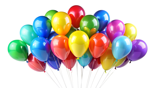 A vibrant bunch of colorful balloons isolated on transparent background, perfect for any party or festive celebration