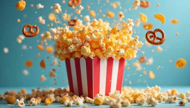 Explosion of popcorn, pretzels, chips from striped box. Movie snacks fly, burst. Tasty butter, salt, caramel treats, crunchy, party, celebration, cinema, theatre, television, screen entertainment,