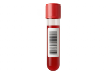 Medical blood test tube containing blood sample with barcode on transparent background