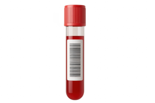 Medical blood test tube containing blood sample with barcode on transparent background - Powered by Adobe