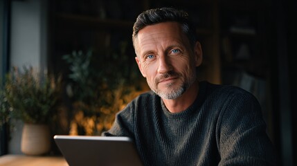 Middle-Aged Man with a Warm Smile Enjoying a Quiet Moment in Cozy Setting
