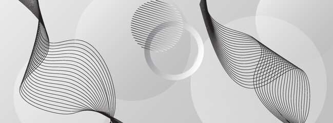 Elegant silver and gray abstract banner background with flowing wavy lines and floating spheres for a modern futuristic design.vector