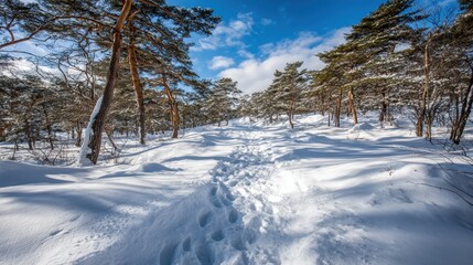 Fototapeta premium Serene Winter Path Through Snowy Forest Landscape with Blue Sky