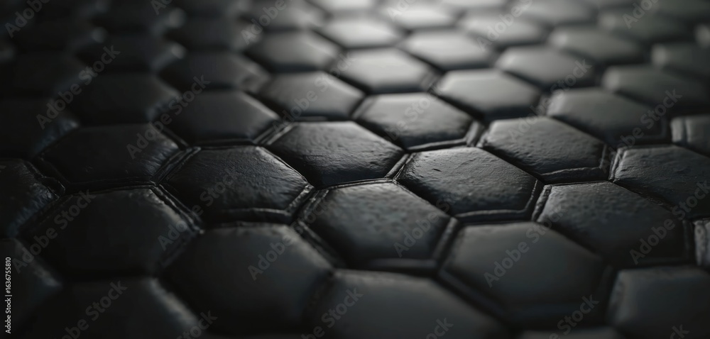Poster futuristic black honeycomb pattern with hexagonal mosaic tiles forming seamless polygonal background