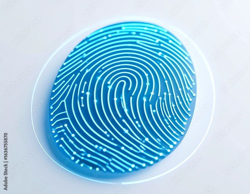 Poster futuristic glowing blue digital fingerprint scan for biometric security and identity verification.