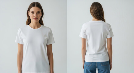 A woman models a white t-shirt, showing front and back views.
