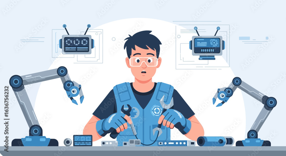 Poster Robotics Engineer At Work On Advanced Tech And Systems Illustration