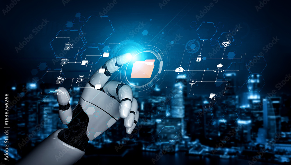 Poster ai artificial intelligence assists digital folder management with smart sorting, cloud structure ana