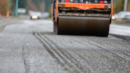 Road Construction with Heavy Roller on Graveled Surface in Action