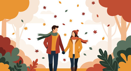 Romantic Autumn Stroll Couple Enjoying Fall Foliage and Holding Hands