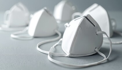 Collection of white N95 respiratory masks arranged on gray surface. Masks provide protection against airborne particles, viruses, pollution. Essential for personal health, safety, hygiene during