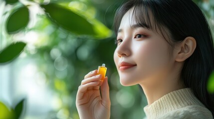 Young woman smelling a small bottle of essential oil outdoors.
