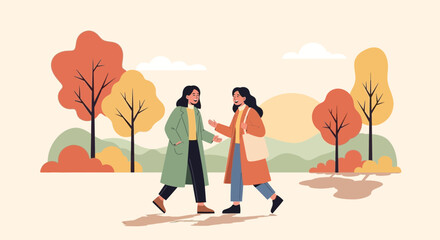Two Friends Walking in The Park Enjoying an Autumn Day Conversation Together