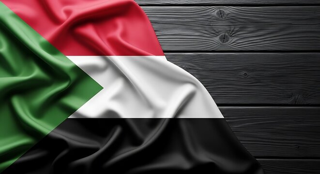 Sudan Flag Waving on Dark Wooden Surface Background