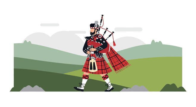 Scottish bagpiper in traditional dress playing bagpipes in the highlands landscape illustration