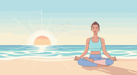 Serene beachside yoga illustration featuring a woman in lotus position at sunrise