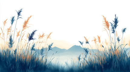 Obraz premium Tall grasses sway gently in the misty dawn, silhouetted against distant mountains.