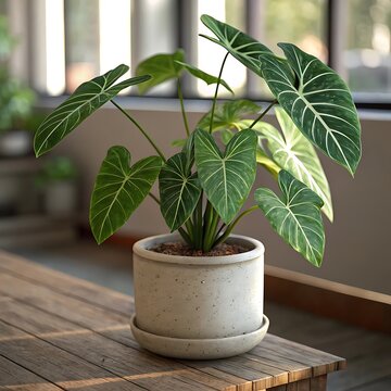A vibrant green fichus houseplant with lush leaves grows in a decorative potted plant, perfect for home gardening and decoration