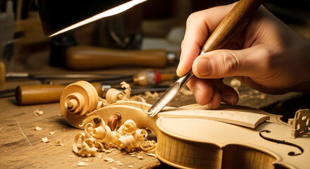 Craftsman's Hand Carving Violin Body from Wood in Traditional Workshop