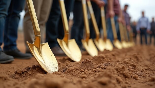 Groundbreaking ceremony with golden shovels digging into soil. Construction site event new project initiation, business development, community progress. Investors, partners, workers gather for future