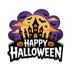 Happy Halloween with haunted houses, bats, and full moon spooky scary