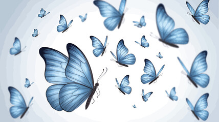 A swarm of blue butterflies fluttering against a light blue and white background butterfly insect
