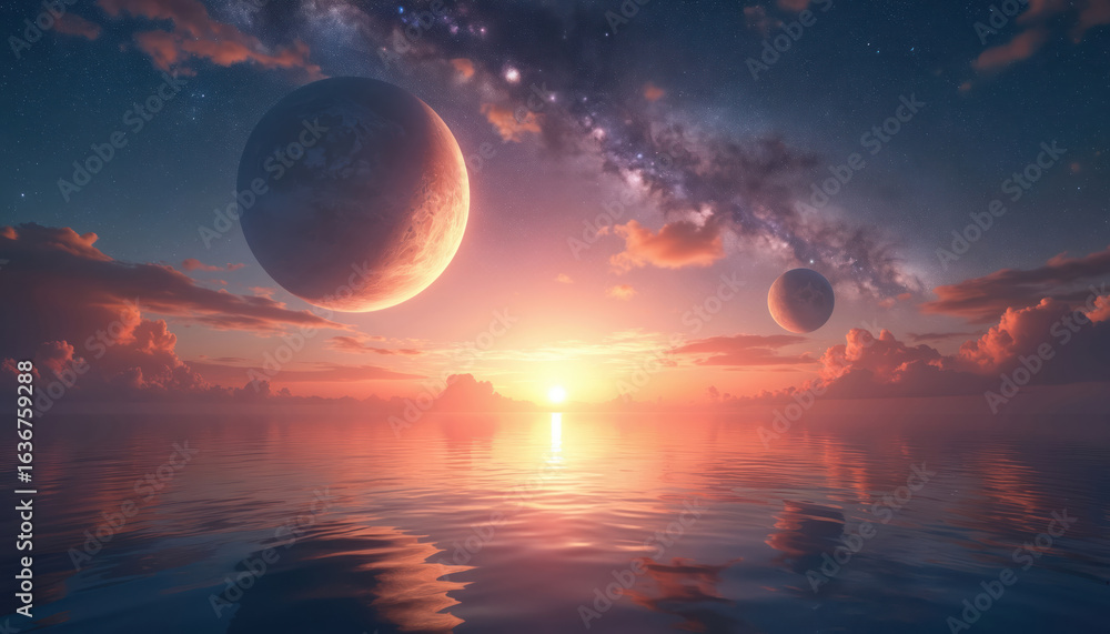 Poster celestial sunset over calm ocean with two large planets visible in the sky. the horizon glows with w