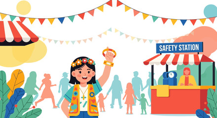 Vibrant illustration showcasing a joyful girl scout at a bustling community fair event for all families