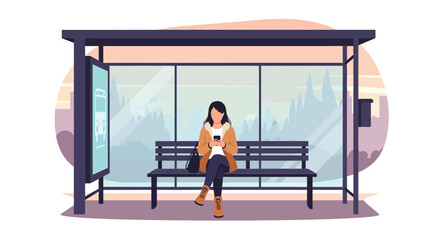 Woman waiting for public transport using smartphone at the bus stop station with city background vector illustration