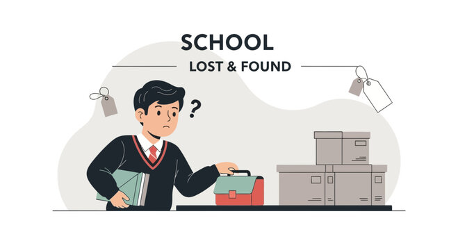 Worried Schoolboy Finding Lost Items In The Lost And Found Box At School