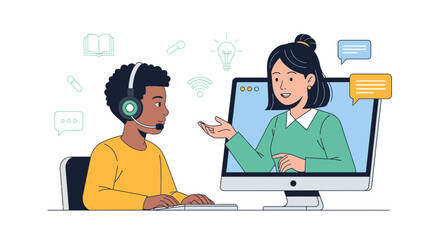 Virtual learning session with student and tutor interacting online via computer screen