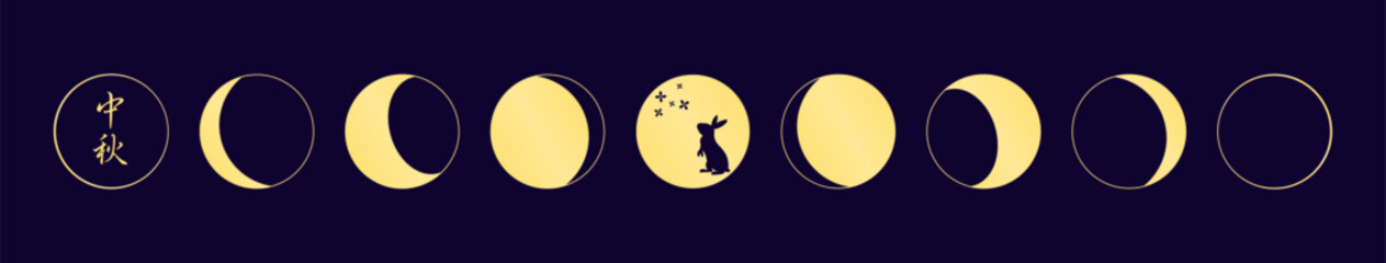 Lunar, moon phases, rabbit, bunny silhouette, osmanthus flowers, Chinese text Mid Autumn Festival, gold elements on blue. Flat vector illustration. Traditional holiday design, seasonal banner, card