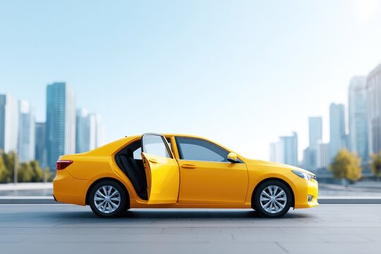 Bright yellow car parked against modern city skyline, inviting e