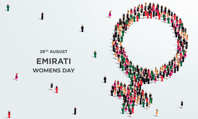 Emirati Women's Day Design with Female with Hijab Vector Illustration. Large group of Emirates womens form female symbol. Emirati Womens Day Template. 28th of August. 