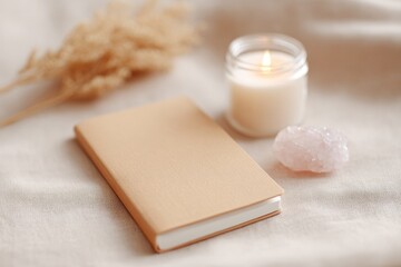Soft textures create serene scene with journal, candle, and crys