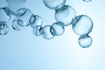 Abstract cosmetic laboratory. Chemical laboratory research. Cosmetic Essence. Floating Glass Orbs
