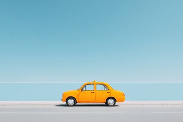 Bright yellow car on minimalistic road under vast blue sky evoke