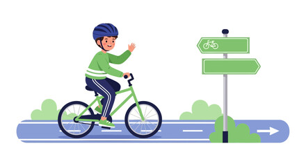 Fototapeta premium Young boy enjoys cycling on a designated bike path with directional signage smiling and waving hand