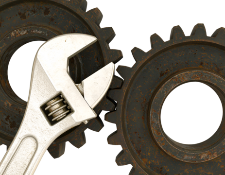Gear and wrench crossed in vintage style – Large industrial gear with a steel wrench crossing through it, worn metal texture, isolated on transparent PNG background, perfect for mechanic and repair