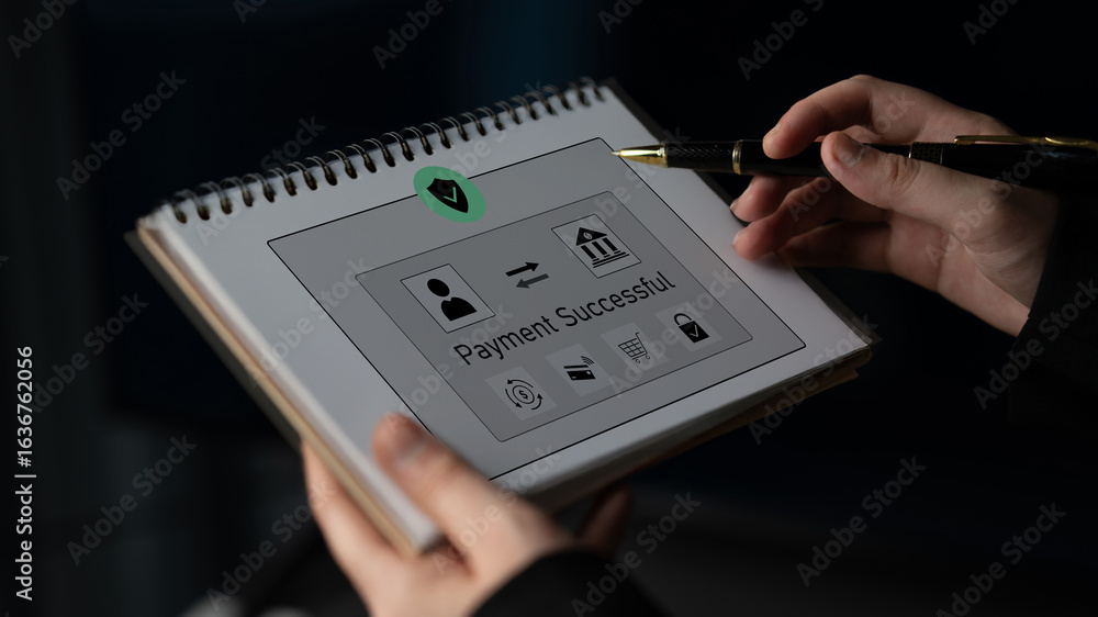 Poster successful transaction message showing secure payment. payment confirmed, secured, payment processed