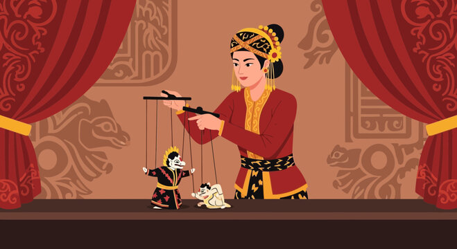 Woman Performing Traditional Indonesian Wayang Kulit Puppet Show Illustration