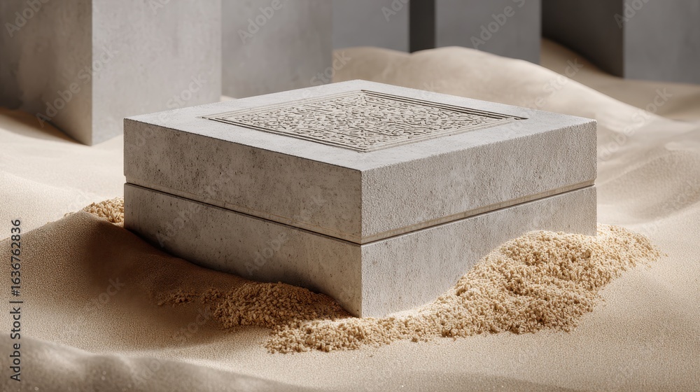 Poster sand covered concrete box with intricate design in minimalist scene
