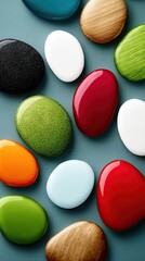 Obraz premium Colorful Glossy Oval Stones on Teal Background