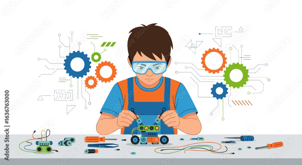 Aufkleber young inventor building a robot, learning about technology and engineering concepts to foster innova