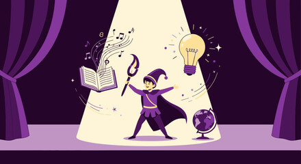 Young Magician Conjuring Ideas On Stage with Book Globe and Lightbulb
