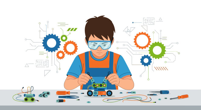 Young inventor building a robot, learning about technology and engineering concepts to foster innovation and creativity in youth education