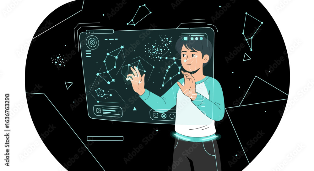 Poster young man interacting with a futuristic interface displaying star constellations